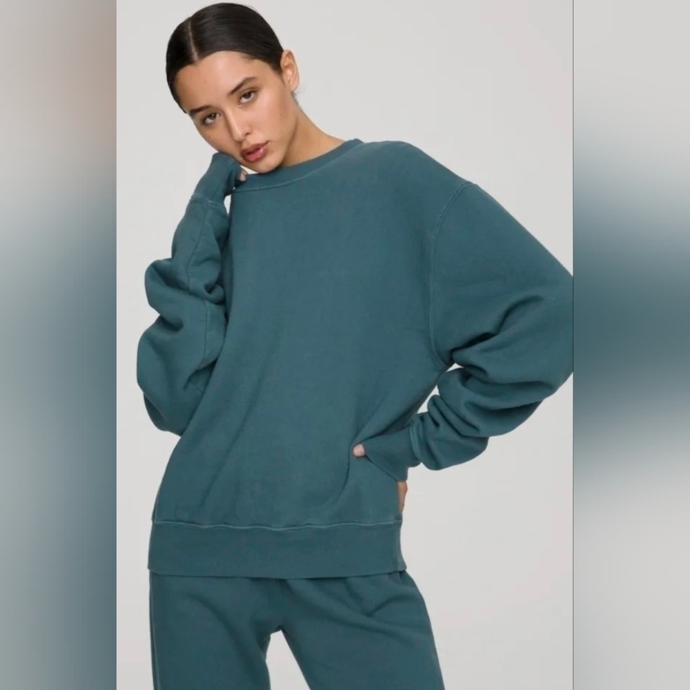 Good American Teal Cotton Oversized Crewneck Boyfriend Sweatshirt Loungewear